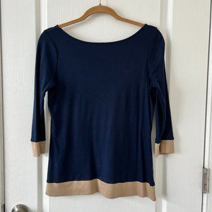 Talbots Boat Neck 3/4 Sleeve Navy Knit Top with Tan Trim Small Petite